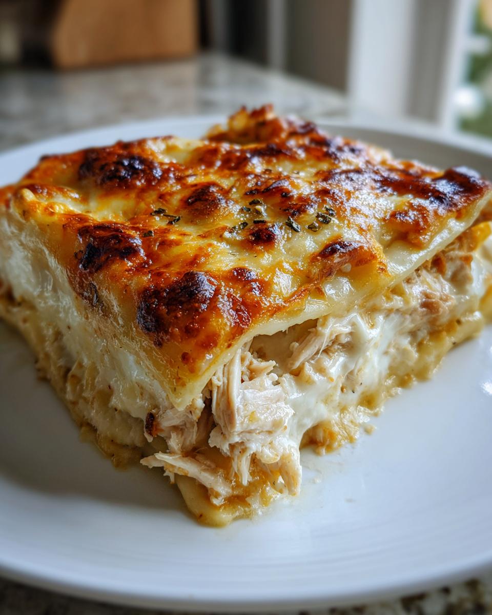 A close-up of a serving of cheesy, baked chicken lasagna showing shredded chicken filling.