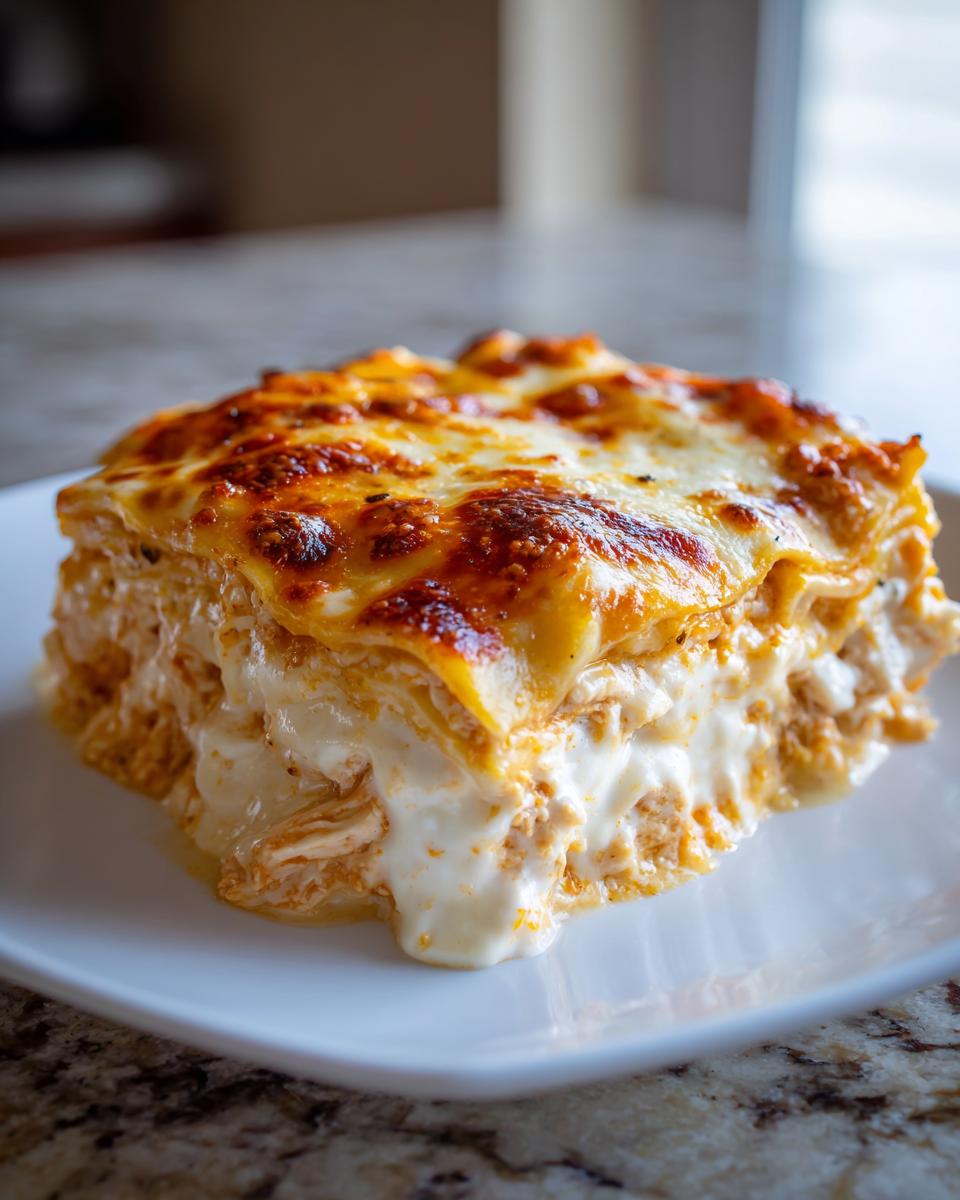 A close-up of a rich, cheesy slice of chicken lasagna with a deeply browned top layer.
