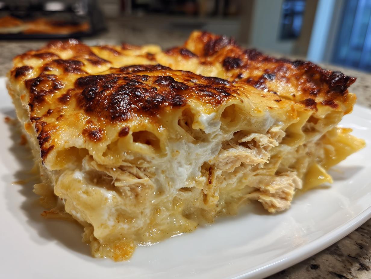 Close-up of a rich, cheesy slice of chicken lasagna with a deeply browned, bubbly top crust.