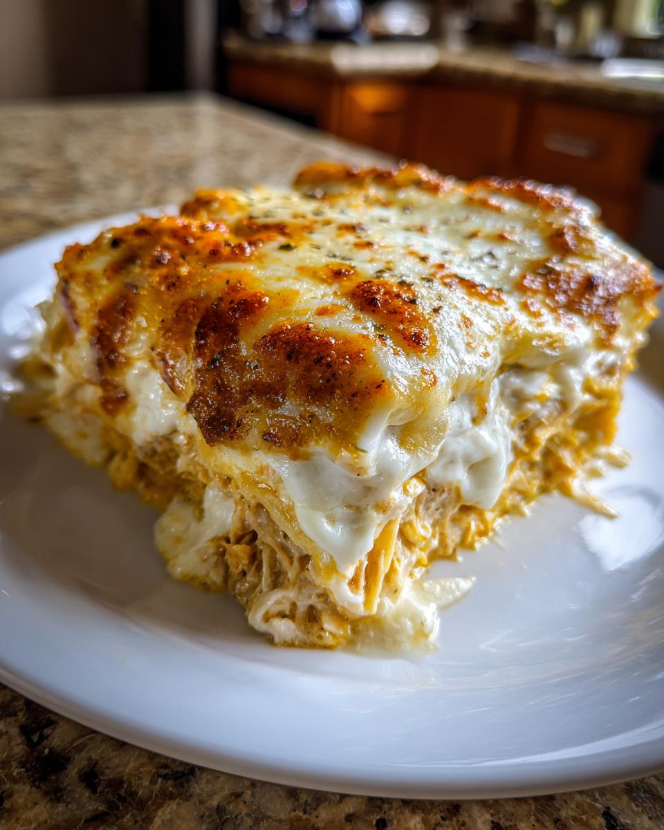 A close-up of a generous slice of cheesy chicken lasagna with a golden-brown, bubbly top layer.