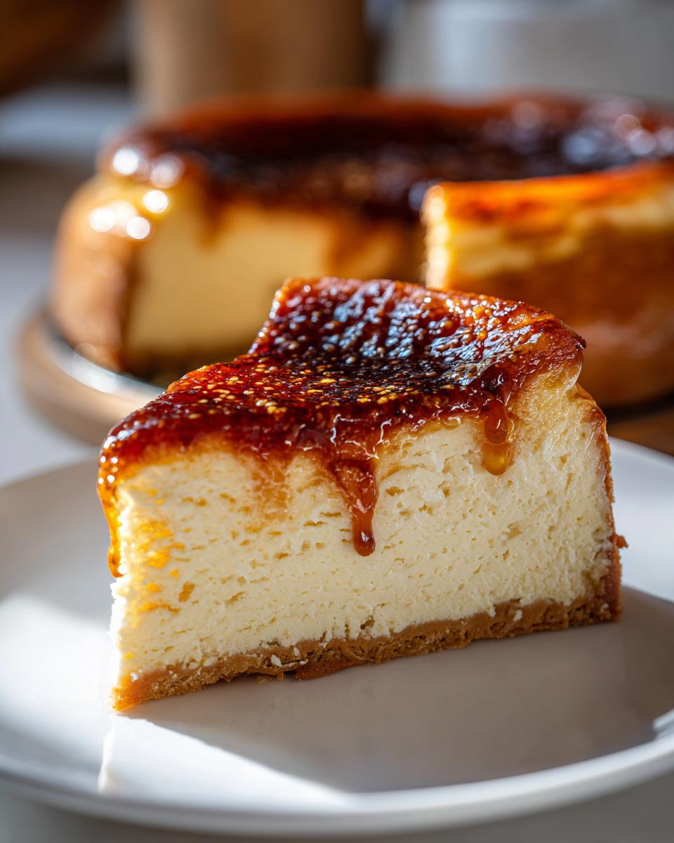 A close-up slice of creamy creme brulee cheesecake with a caramelized, slightly burnt sugar topping dripping down the side.