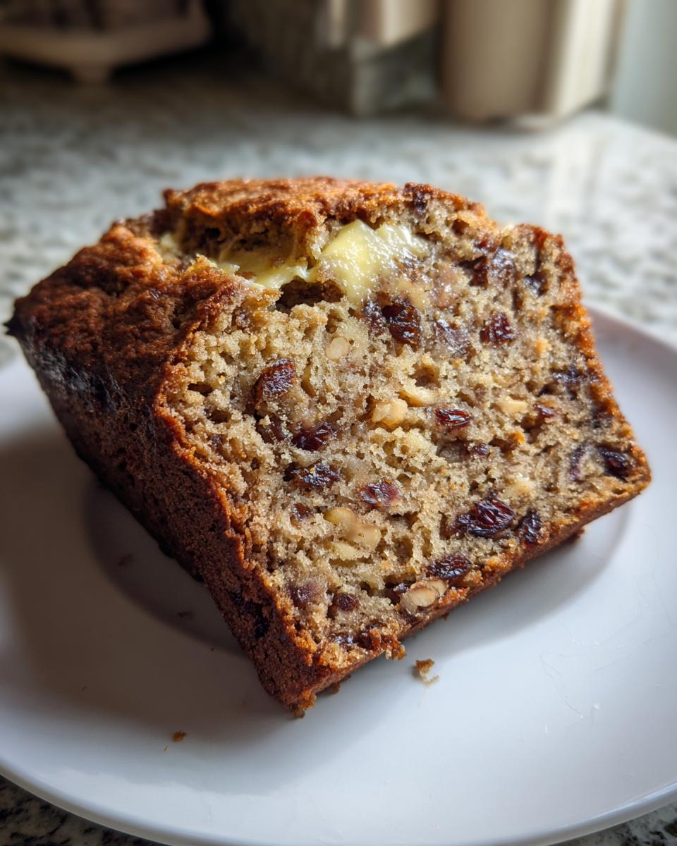 Close-up of a thick slice of date nut bread showing raisins, nuts, and melting butter on top.