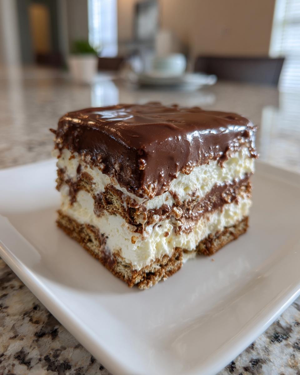 A square slice of layered eclair cake featuring graham crackers, white cream filling, and rich chocolate frosting.
