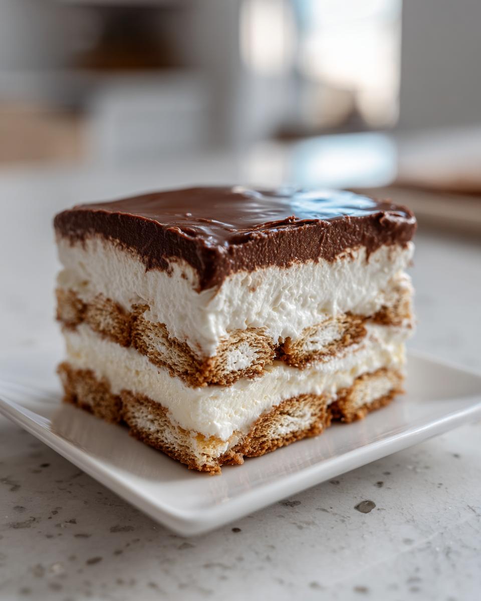 A square slice of layered eclair cake featuring graham crackers, white cream, and chocolate frosting.