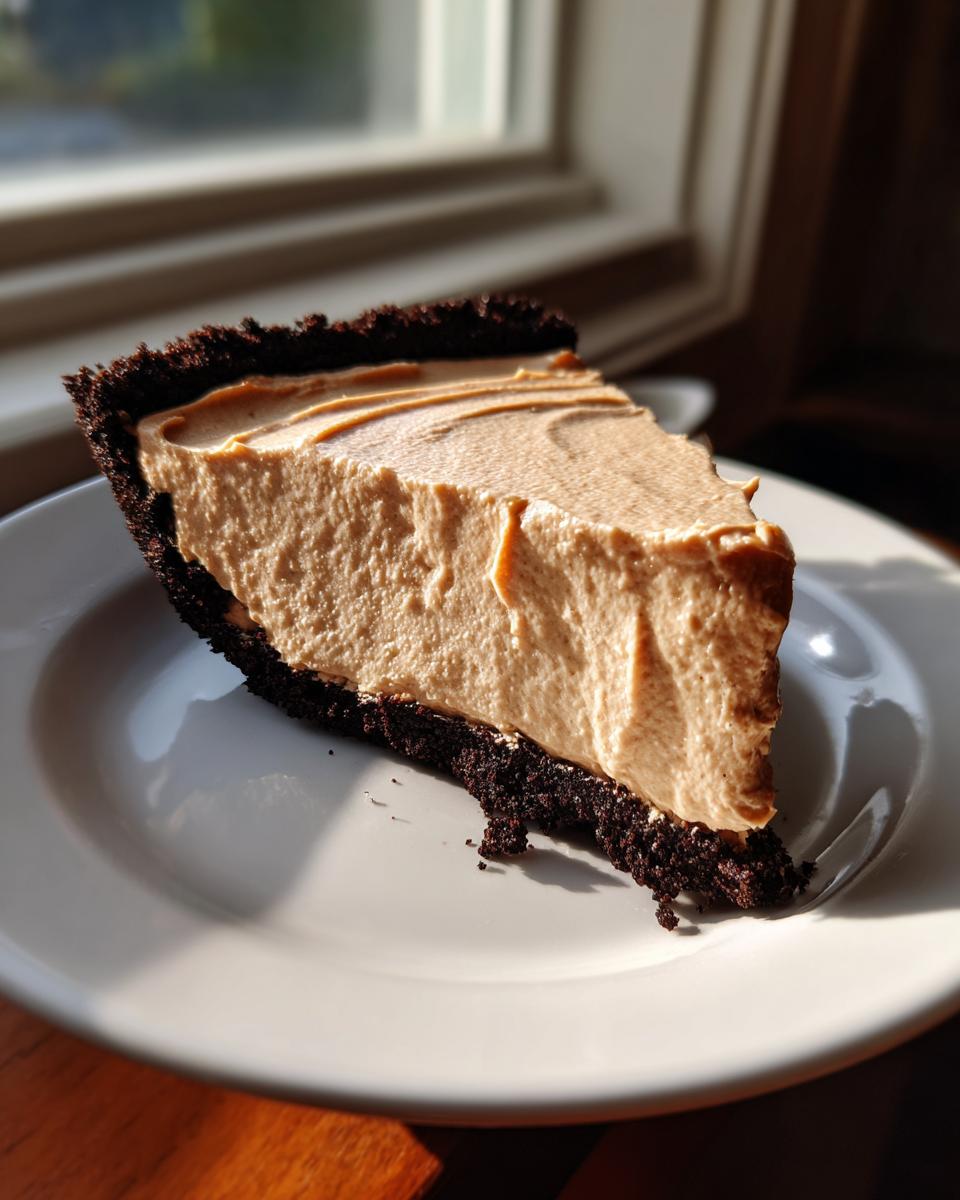 A thick slice of creamy peanut butter pie with a dark chocolate crust resting on a white plate.