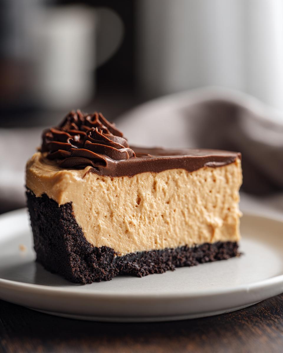 Close-up of a rich slice of peanut butter pie with a dark chocolate crust and chocolate ganache topping.