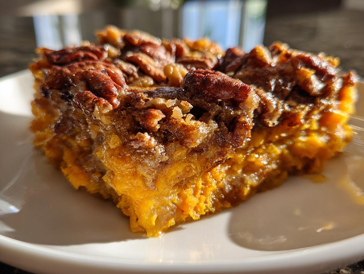 Close-up of a rich, orange slice of southern sweet potato casserole topped generously with crunchy pecans.