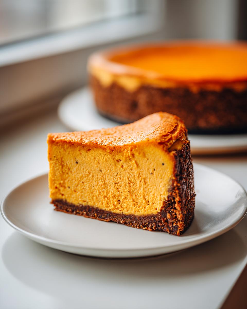 A thick slice of vibrant orange sweet potato cheesecake with a dark crust sits on a white plate.