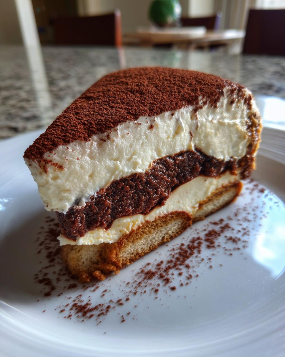 A decadent slice of tiramisu cheesecake featuring layers of cream, chocolate, and ladyfingers, dusted heavily with cocoa powder.