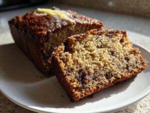 A close-up of sliced date nut bread on a white plate, topped with melting butter, showing the moist texture.