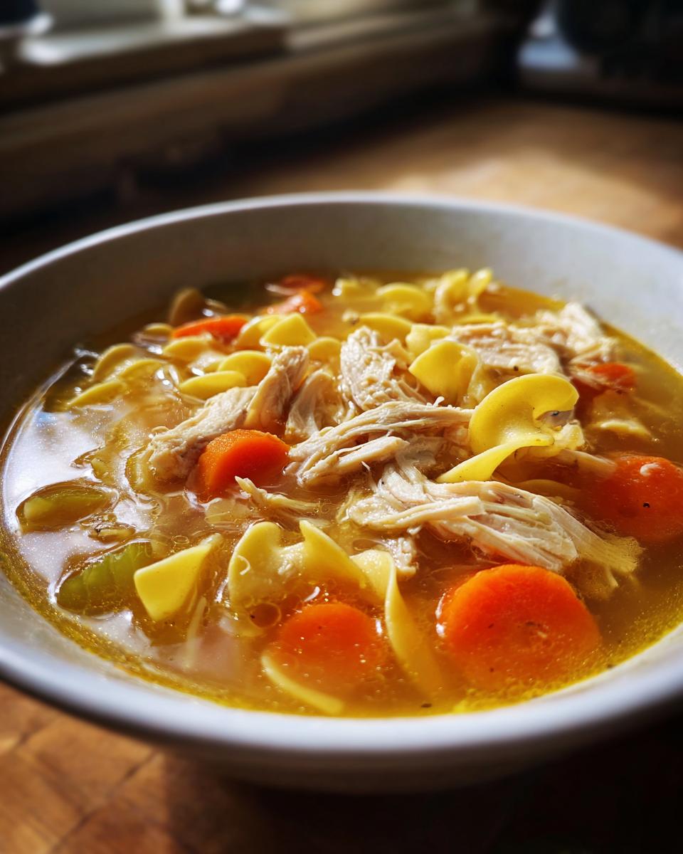 A close-up shot of a bowl filled with rich broth, shredded chicken, carrots, and egg noodles in slow cooker chicken noodle soup.