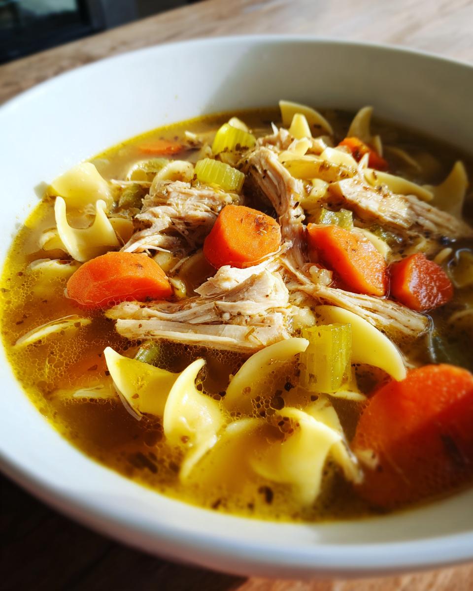 A close-up bowl of rich, golden slow cooker chicken noodle soup featuring shredded chicken, wide egg noodles, and bright orange carrots.