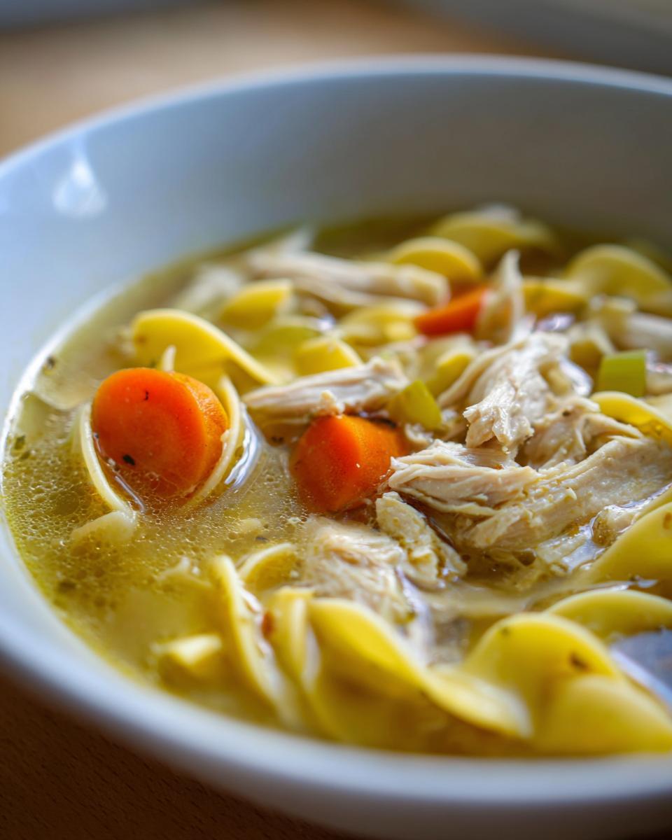 Close-up of a bowl of rich, savory slow cooker chicken noodle soup with shredded chicken, carrots, and egg noodles.