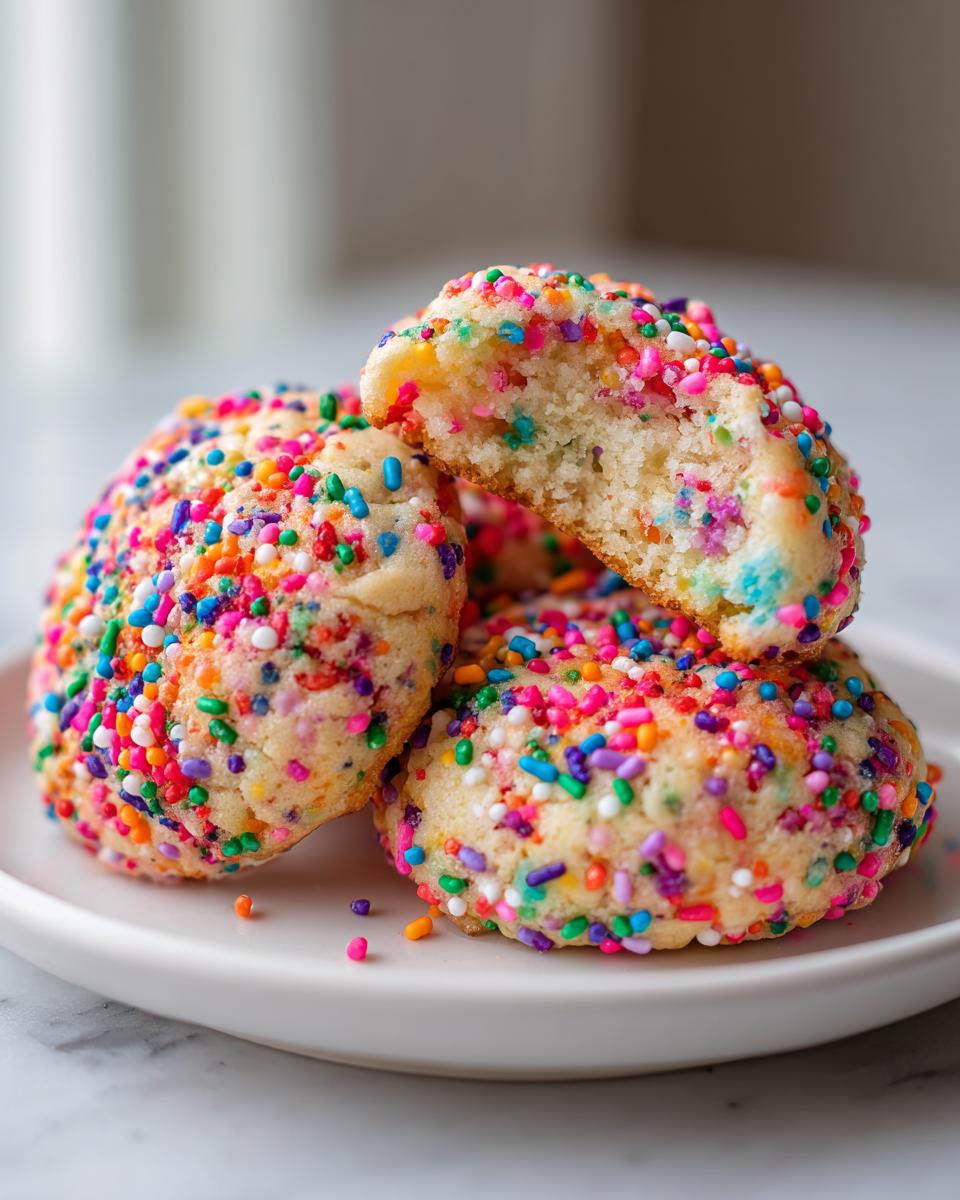 Three soft, thick cake batter cookies covered in rainbow sprinkles, one broken open to show the texture.