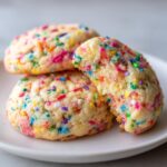 Three soft cake batter cookies piled on a white plate, one broken open showing the colorful sprinkles inside.