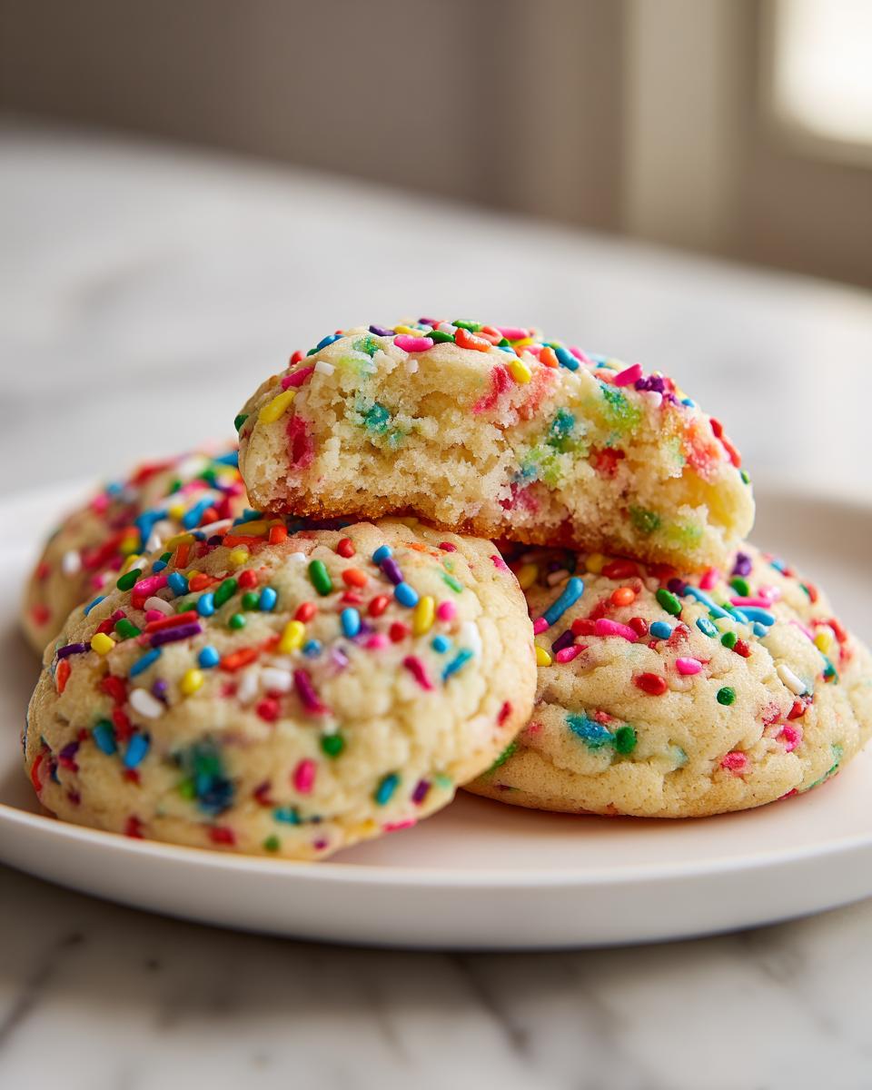 A stack of soft cake batter cookies loaded with colorful sprinkles, one cookie is broken open to show the texture.