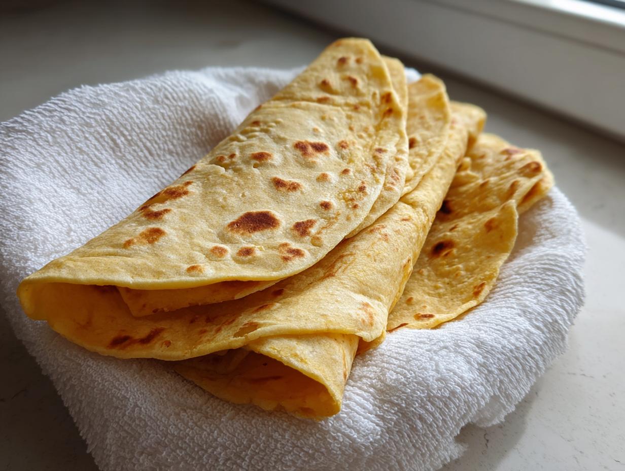 A stack of warm, soft corn tortillas folded and nestled in a white cloth-lined basket.