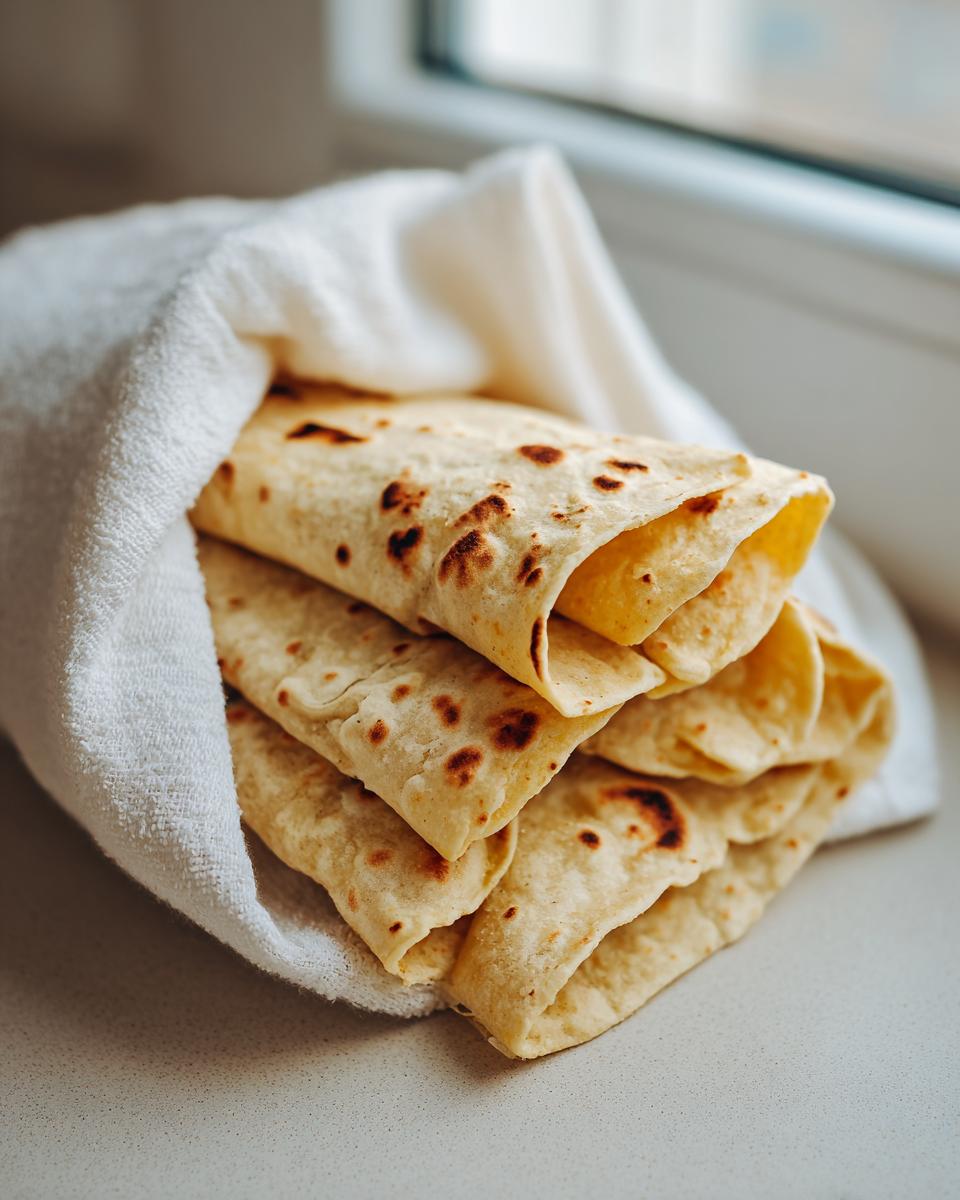A stack of warm, soft corn tortillas wrapped partially in a white cloth, resting near a window.
