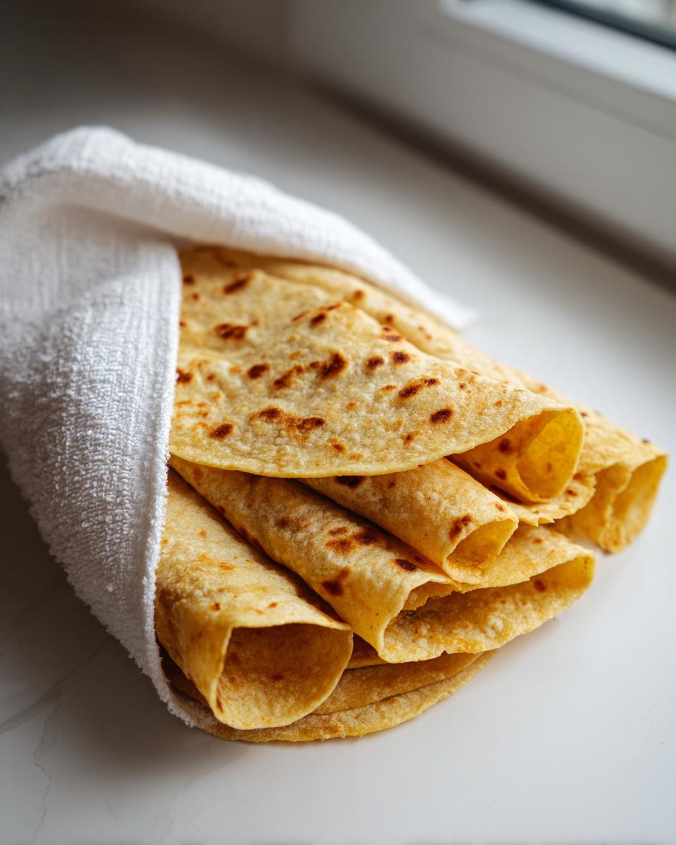 A stack of freshly made, soft corn tortillas wrapped partially in a white cloth to keep them warm.