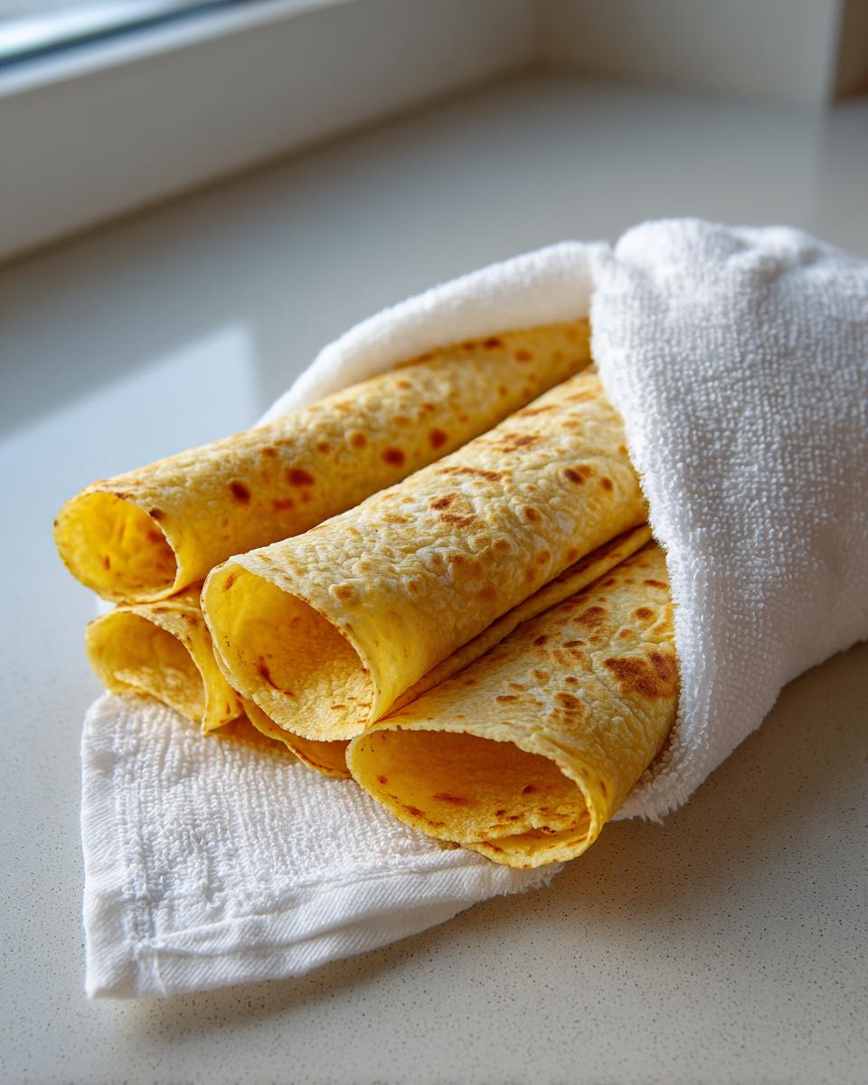 A stack of freshly made, warm corn tortillas rolled up and wrapped in a white kitchen towel.