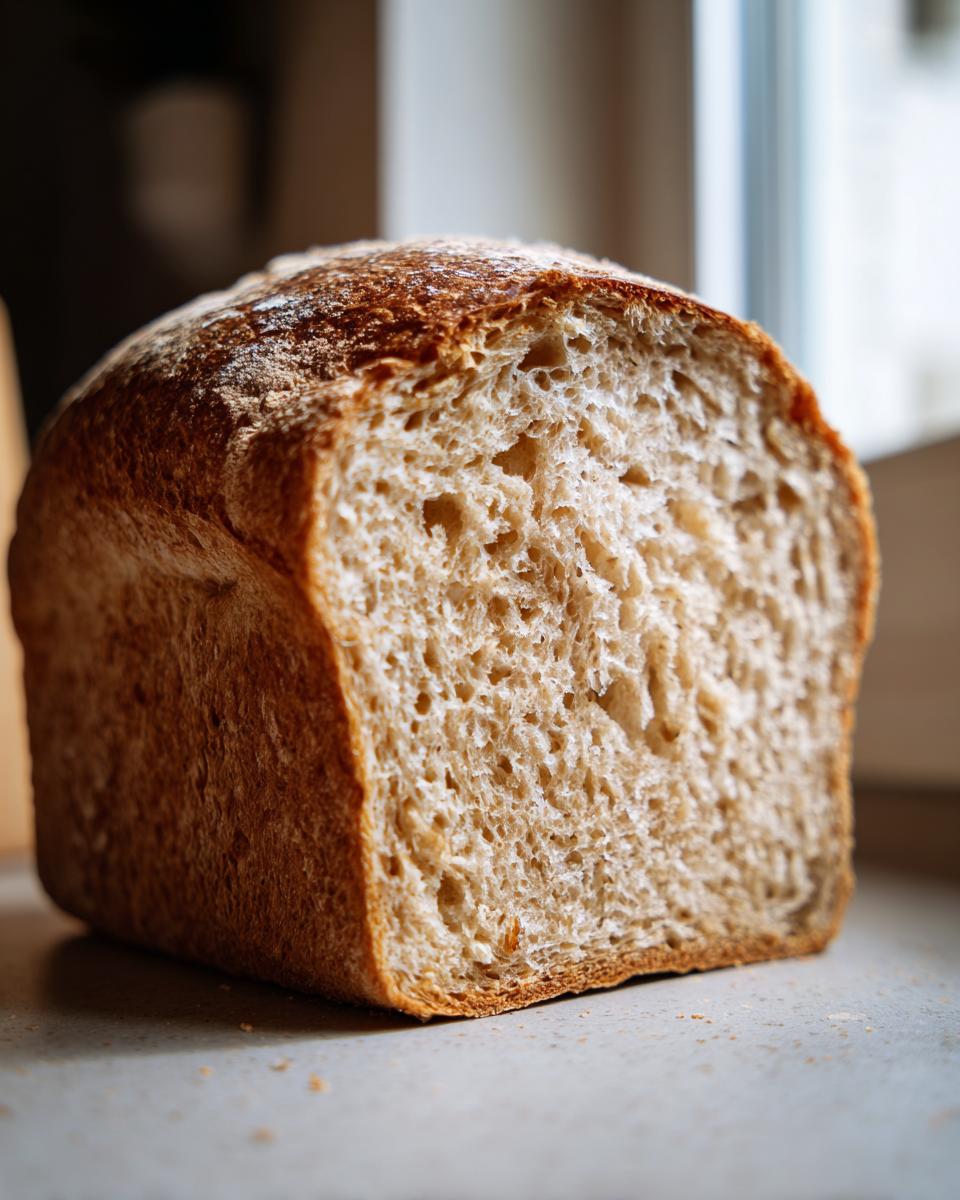 A close-up view of a freshly baked loaf of whole wheat bread showing its soft, airy crumb structure.