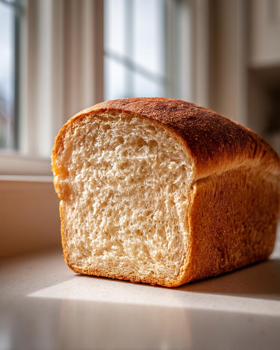 Close-up of a freshly baked loaf of whole wheat bread showing its soft, airy interior crumb.