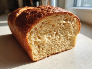 Cross-section of a freshly baked whole wheat bread loaf showing its soft, airy crumb and golden crust.