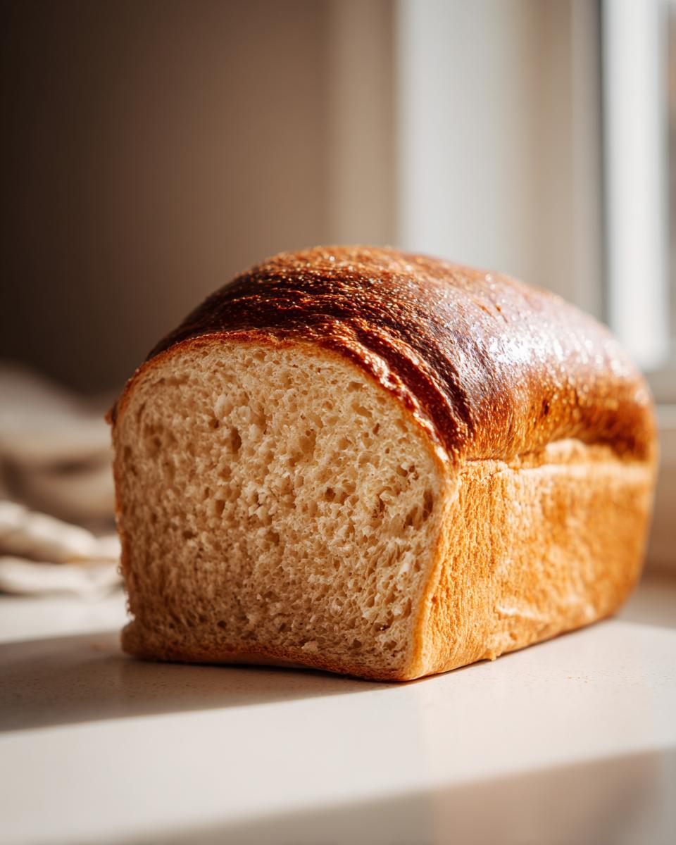 A freshly baked loaf of whole wheat bread, sliced to show its soft, airy crumb texture.