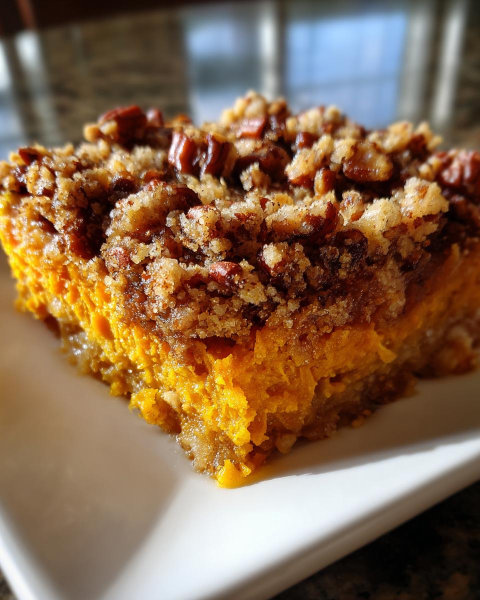 Close-up of a square slice of bright orange southern sweet potato casserole topped with a crunchy brown sugar and pecan crumble.