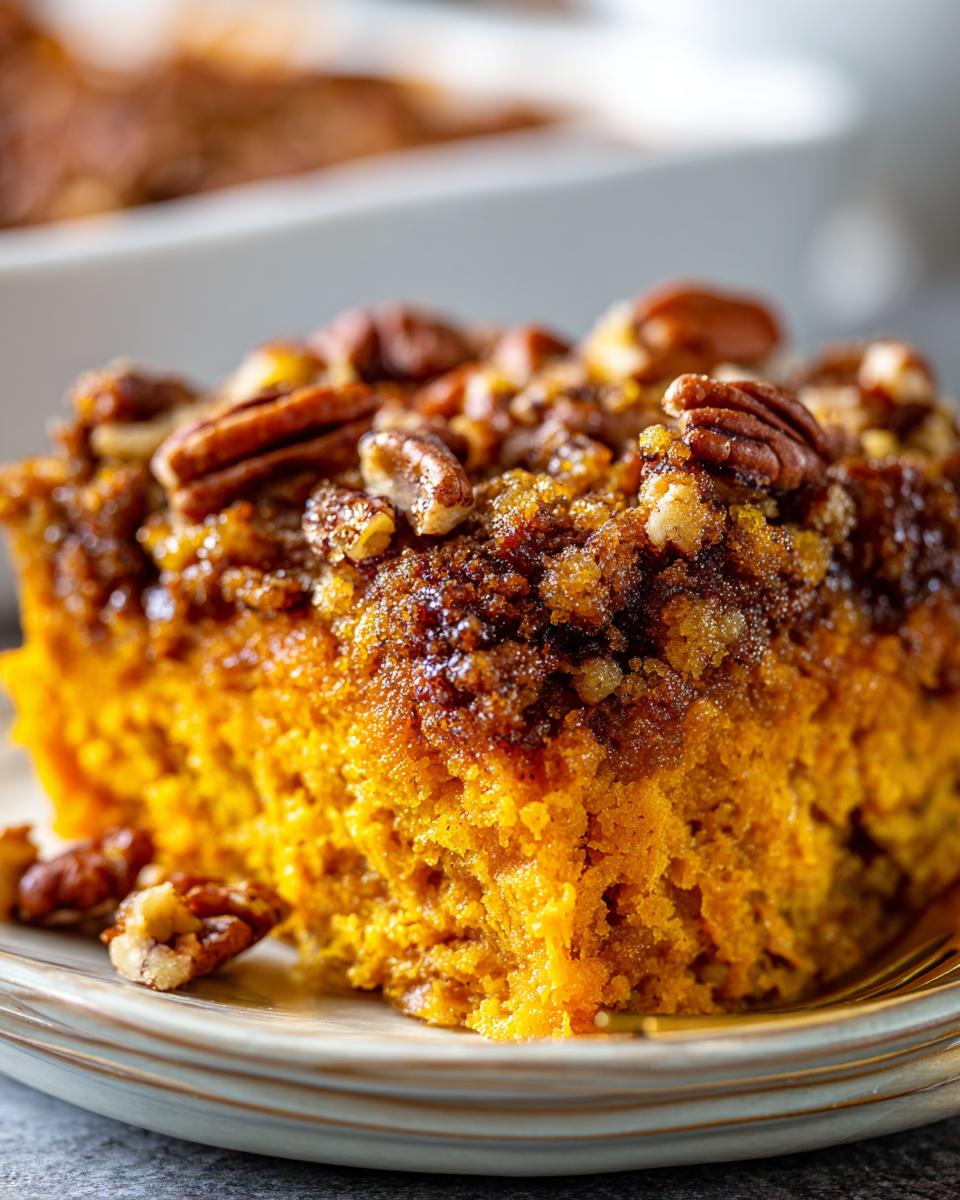 Close-up of a rich, orange slice of southern sweet potato casserole topped with a brown sugar crumble and whole pecans.