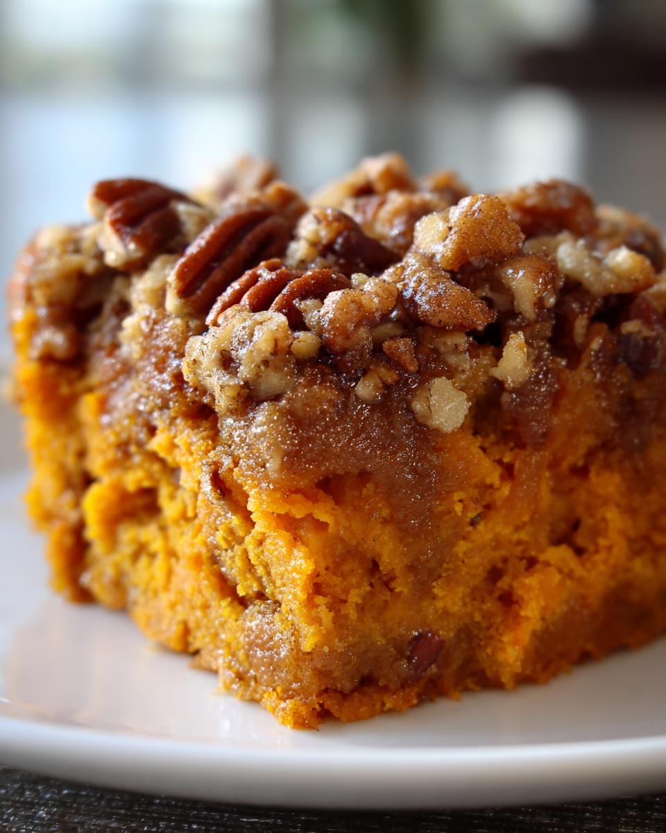 Close-up of a rich, orange slice of southern sweet potato casserole topped with a crunchy pecan streusel.