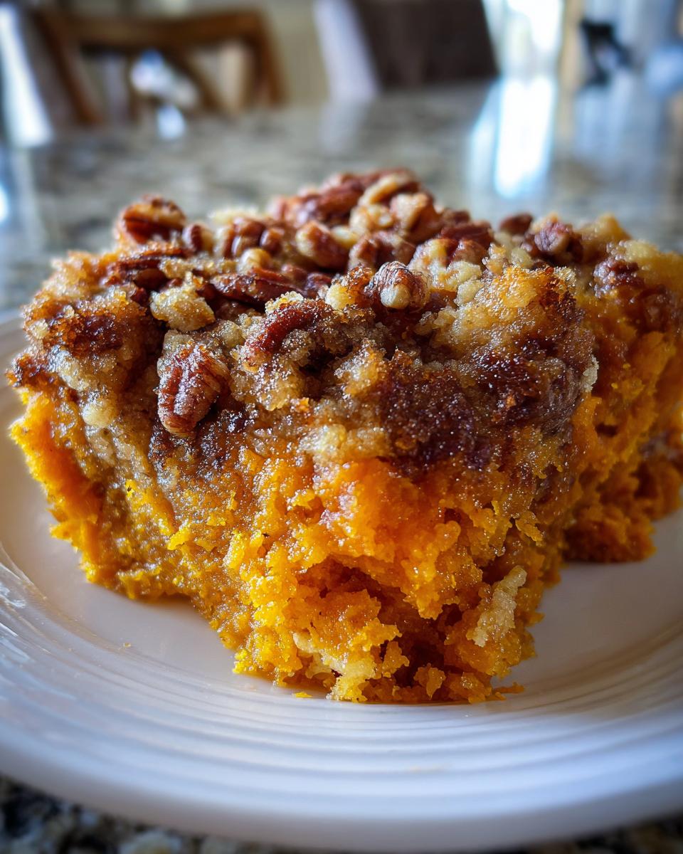 A close-up serving of moist southern sweet potato casserole topped with a crunchy pecan and brown sugar crumble.