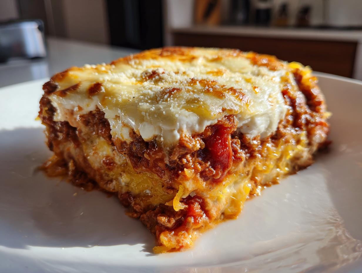 A close-up of a hearty slice of spaghetti squash lasagna on a white plate, showing layers of meat sauce and melted cheese.