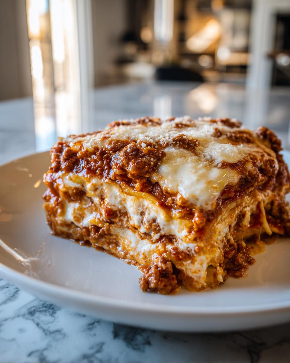 Close-up of a thick, layered slice of spaghetti squash lasagna topped with rich meat sauce and melted cheese.