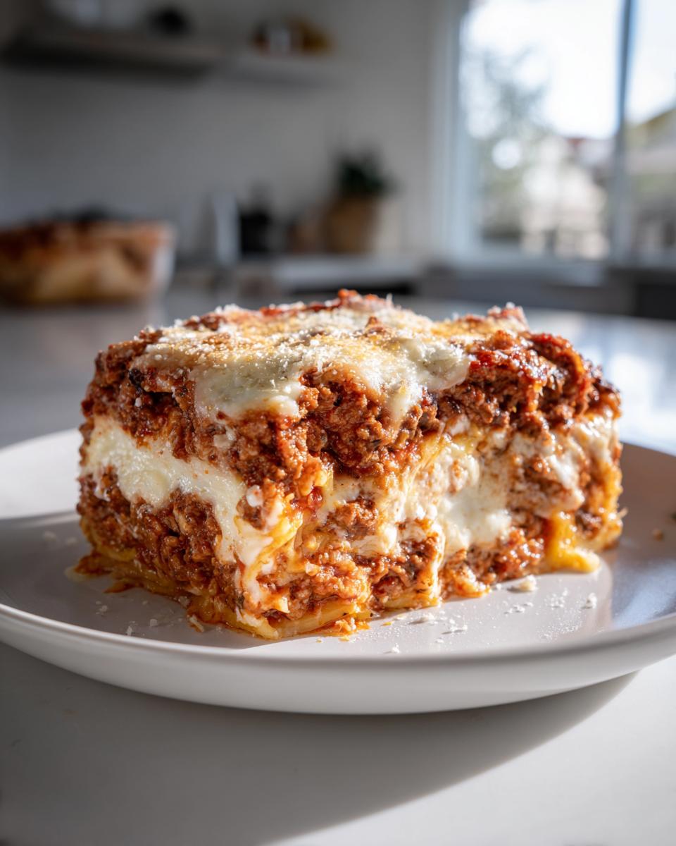 A thick, cheesy slice of spaghetti squash lasagna with rich meat sauce, served on a white plate.