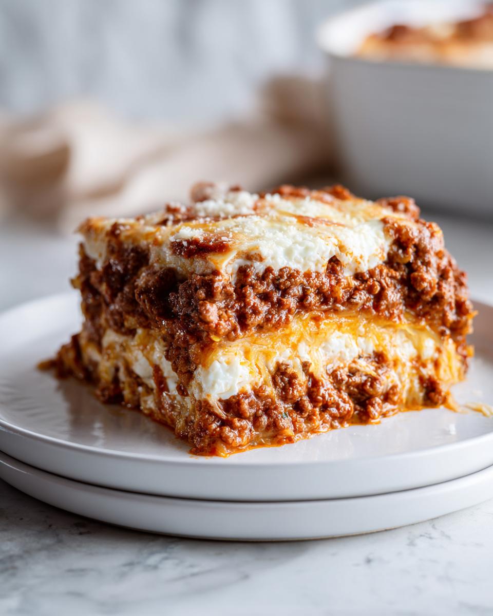 A thick, layered slice of spaghetti squash lasagna with rich meat sauce and ricotta cheese.