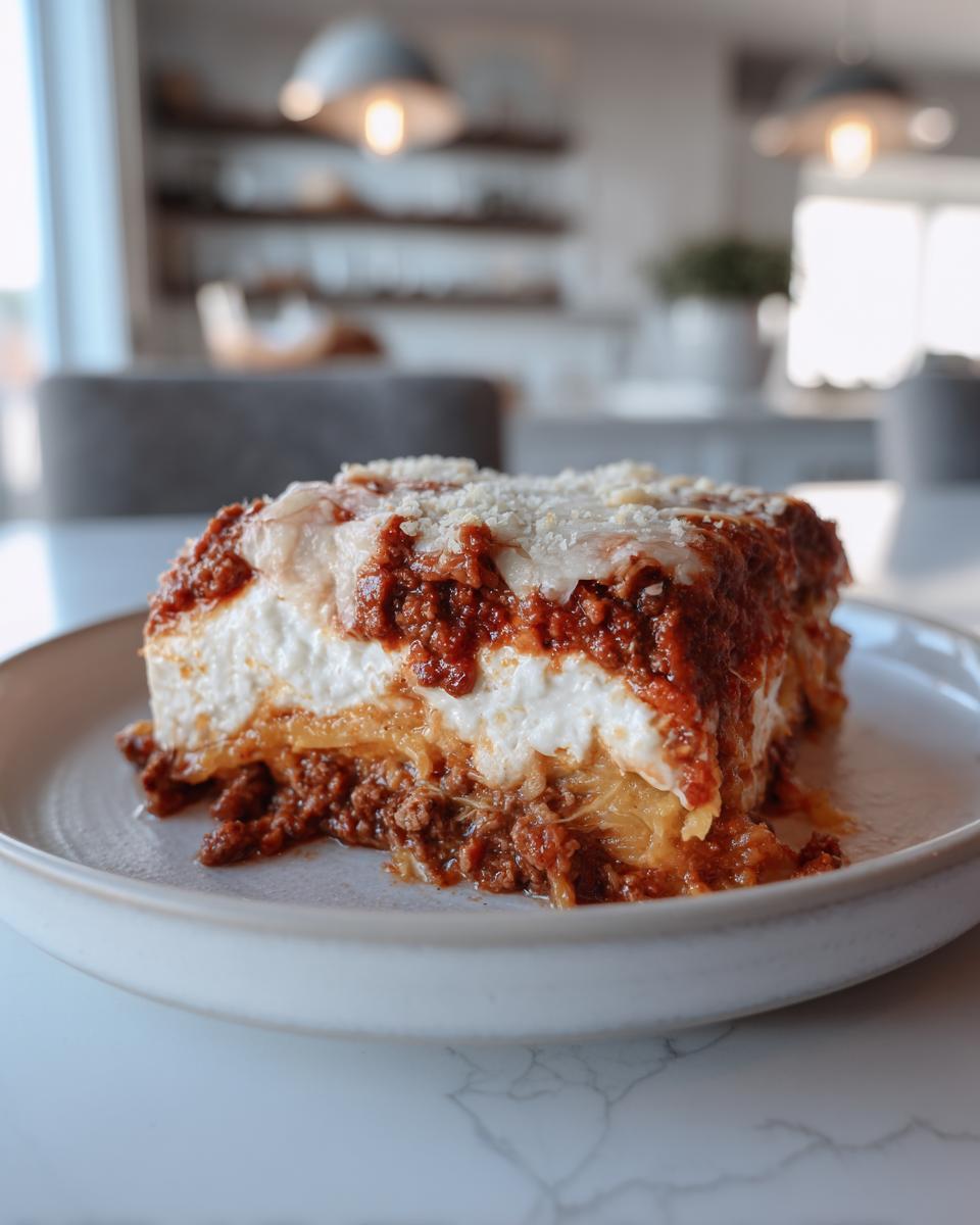 A generous slice of spaghetti squash lasagna featuring layers of meat sauce, ricotta, and melted cheese on a white plate.