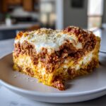 A thick, layered slice of spaghetti squash lasagna topped with meat sauce and ricotta cheese.