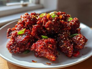 A plate piled high with glossy, deep red Korean fried chicken coated in a spicy glaze and sprinkled with sesame seeds.