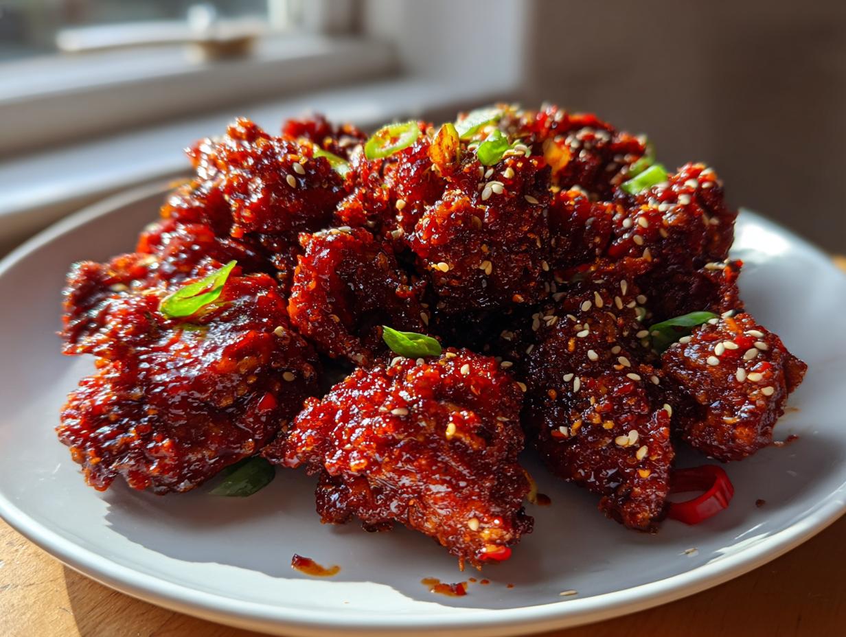 A plate piled high with glossy, deep red Korean fried chicken coated in a spicy glaze and sprinkled with sesame seeds.