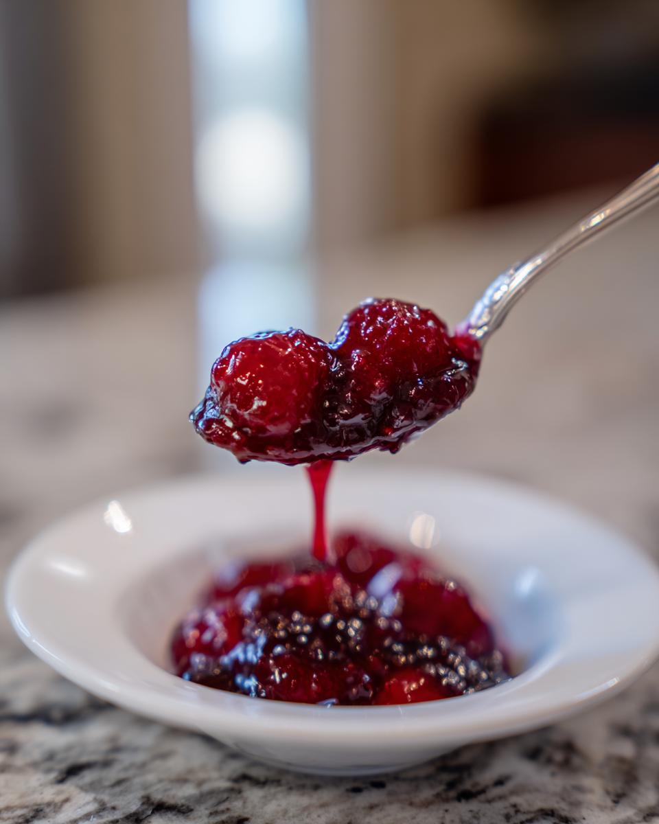 A silver spoon lifts a generous scoop of thick, glossy cherry pie filling above a small white bowl.