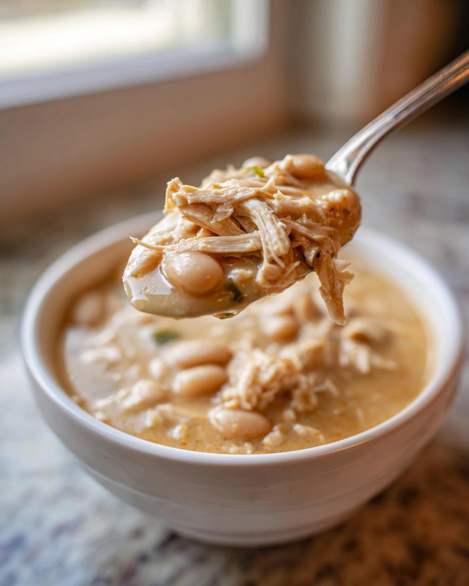 A spoonful of creamy white chicken chili, showing shredded chicken and white beans, lifted from a white bowl.