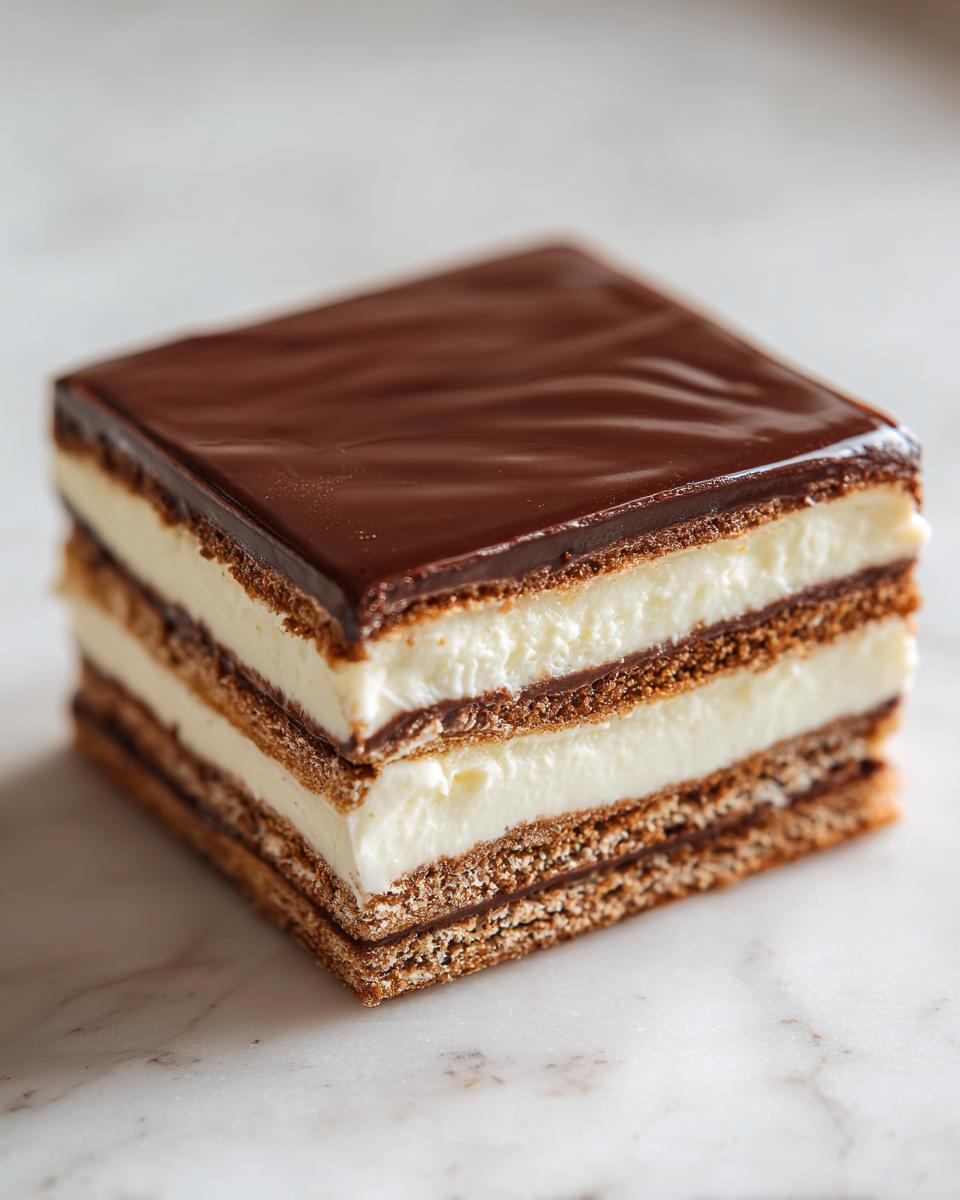 A square slice of layered eclair cake featuring graham crackers, white cream filling, and a shiny chocolate glaze.