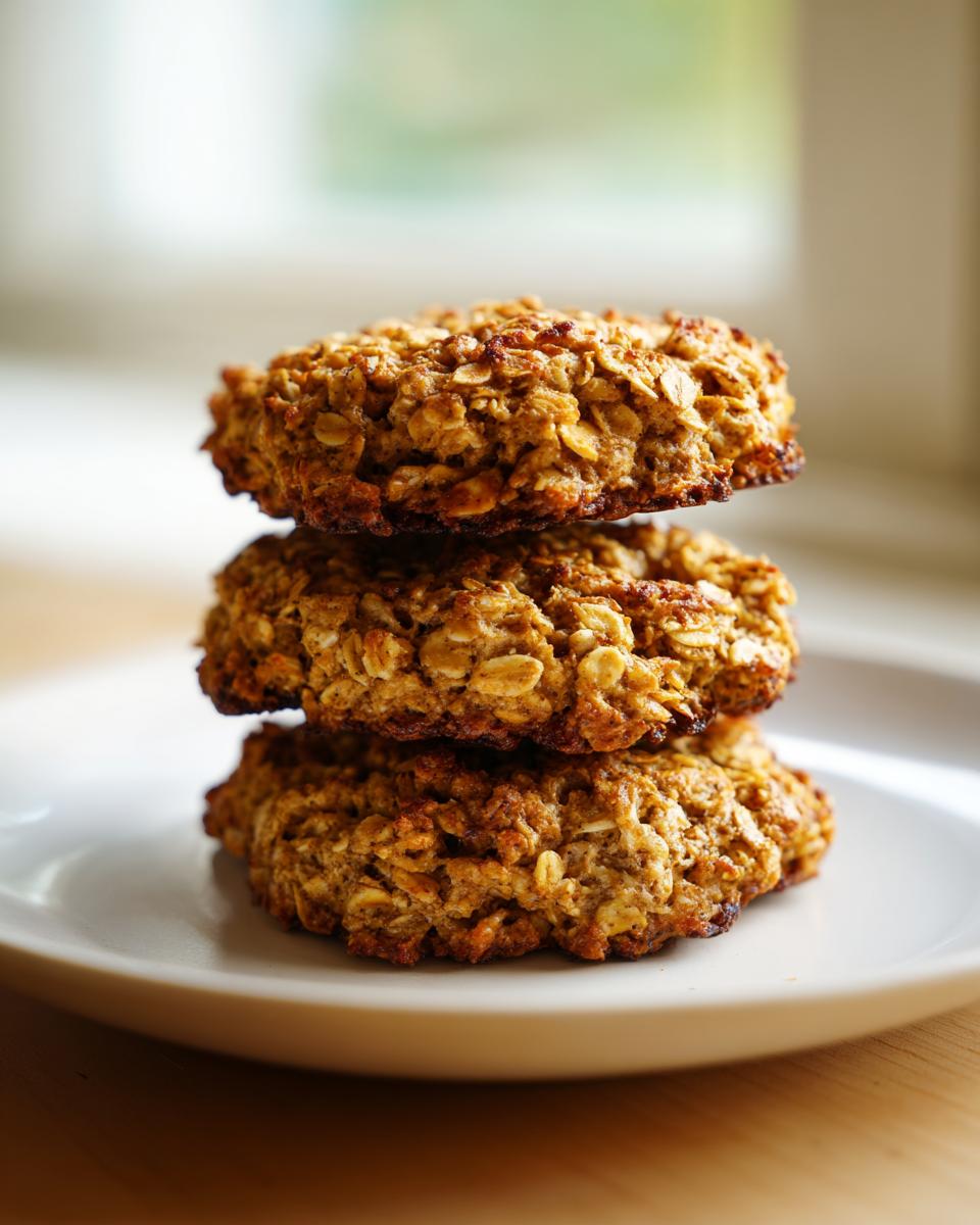 A stack of three golden brown, textured breakfast cookie oat bites resting on a white plate.