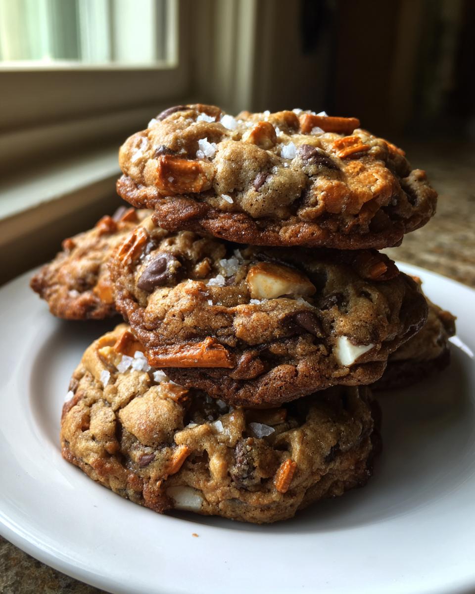 A stack of three rich, loaded kitchen sink cookies topped with flaky sea salt.