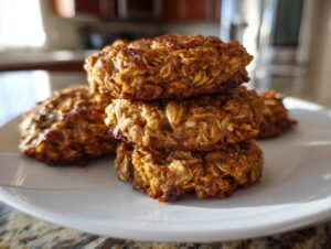 A stack of three golden-brown, textured breakfast cookie made with oats, resting on a white plate.
