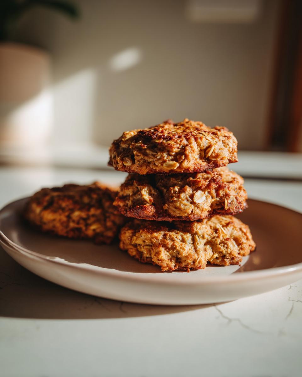 A stack of three golden brown, textured breakfast cookie made with oats, sitting on a light pink plate.