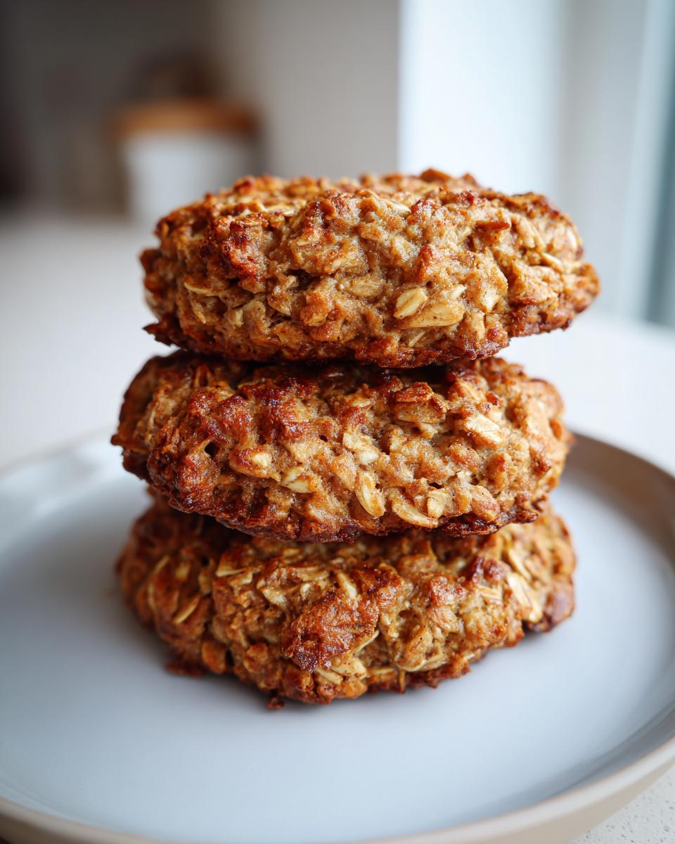 A stack of three golden brown, textured breakfast cookie oat treats resting on a light blue plate.