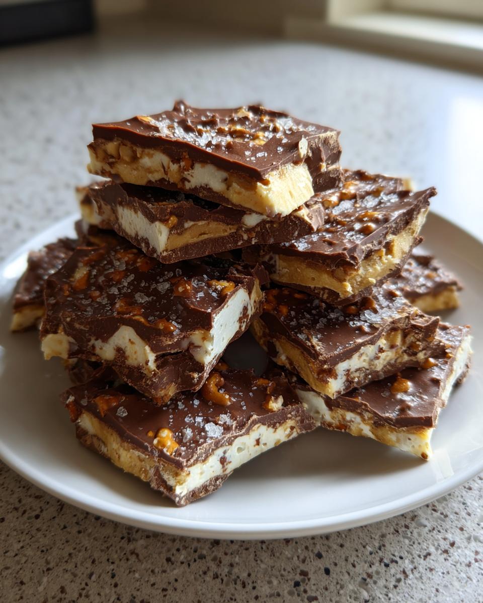 A stack of rich peanut butter pretzel bark squares topped with chocolate and sea salt.