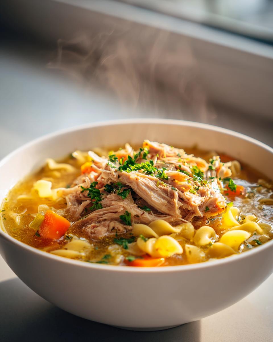 Close-up of a steaming white bowl filled with penicillin soup featuring shredded chicken, pasta shells, carrots, and fresh parsley.